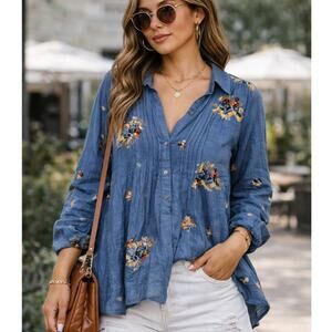 Figueroa & Flowers Blouse Womens Size 2X Blue Embroidered Floral Lightweight NWT